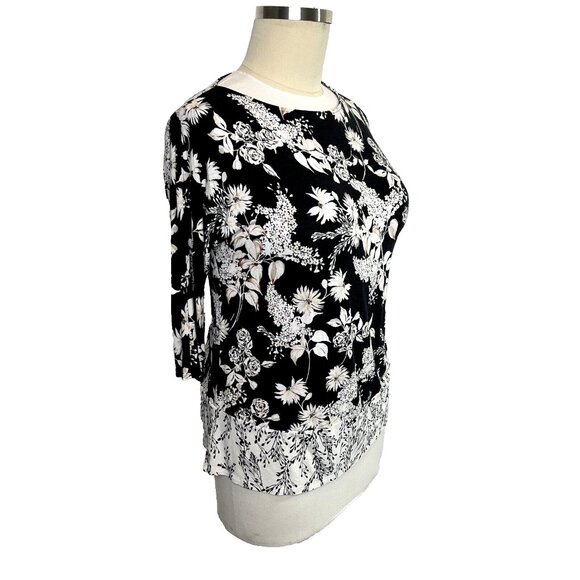J. Jill - Women's M Tunic Top Stretch Black White Brown Floral Crewneck Petite - Picture 3 of 13